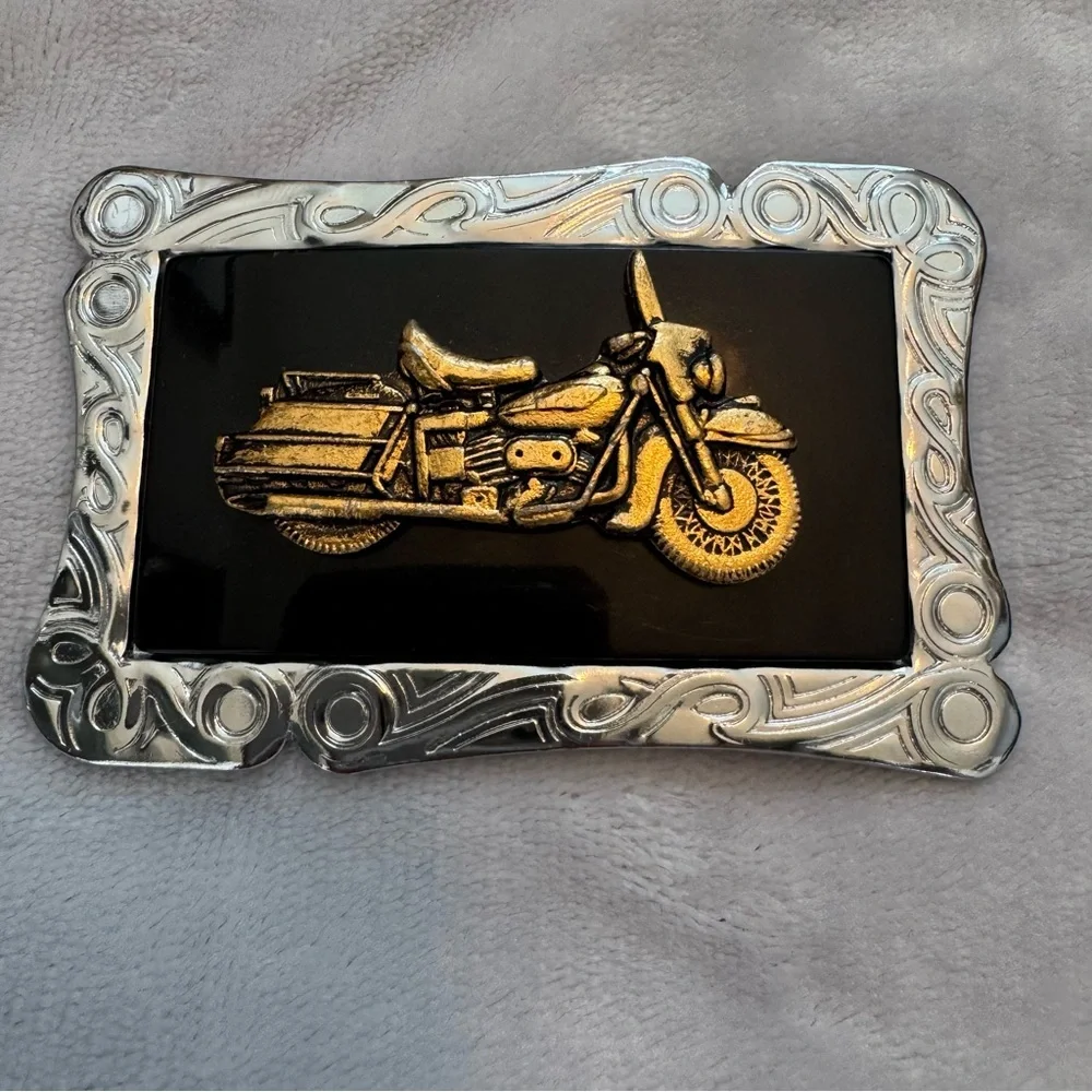 Vintage Baun Belt Buckle Motorcycle‎ Design Black Enamel Silver Frame 3.5”